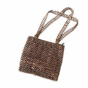 Vintage Brown Beach Hand Bag Beaded Woven Vacation Purse Handbag Shoulder Lined